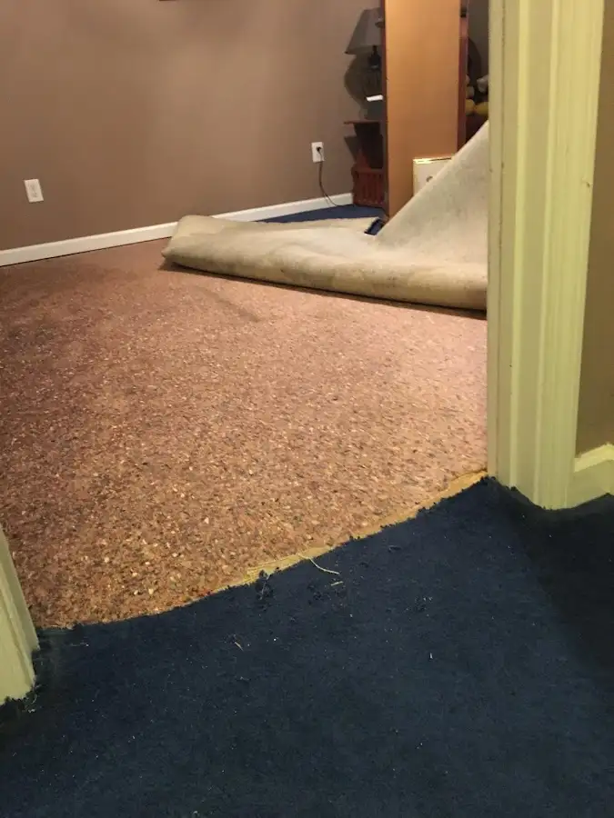 Carpet pad removal revealing water damage during Drying & Dehumidification in Glen Ridge